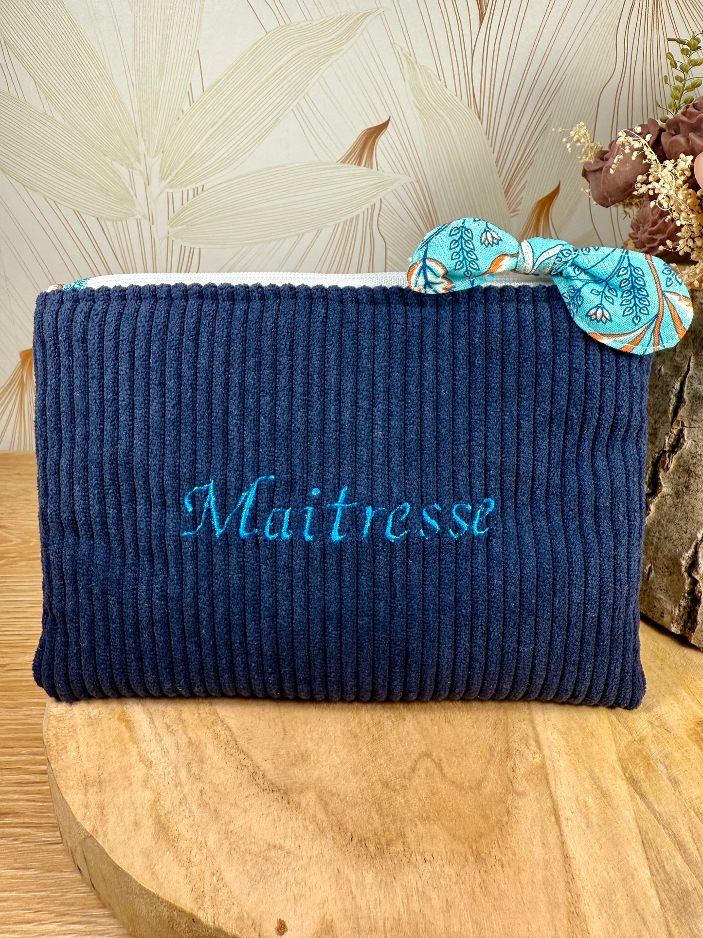 Câlins et Rêves petite pochette velours côtelés bleu arabesque turquoise