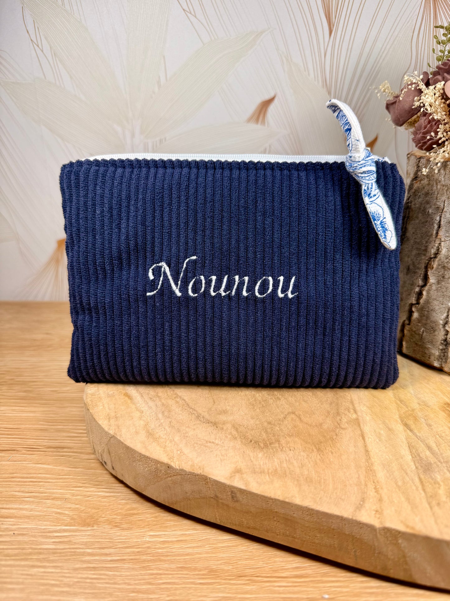 Câlins et Rêves petite pochette velours côtelés bleu marine jouy