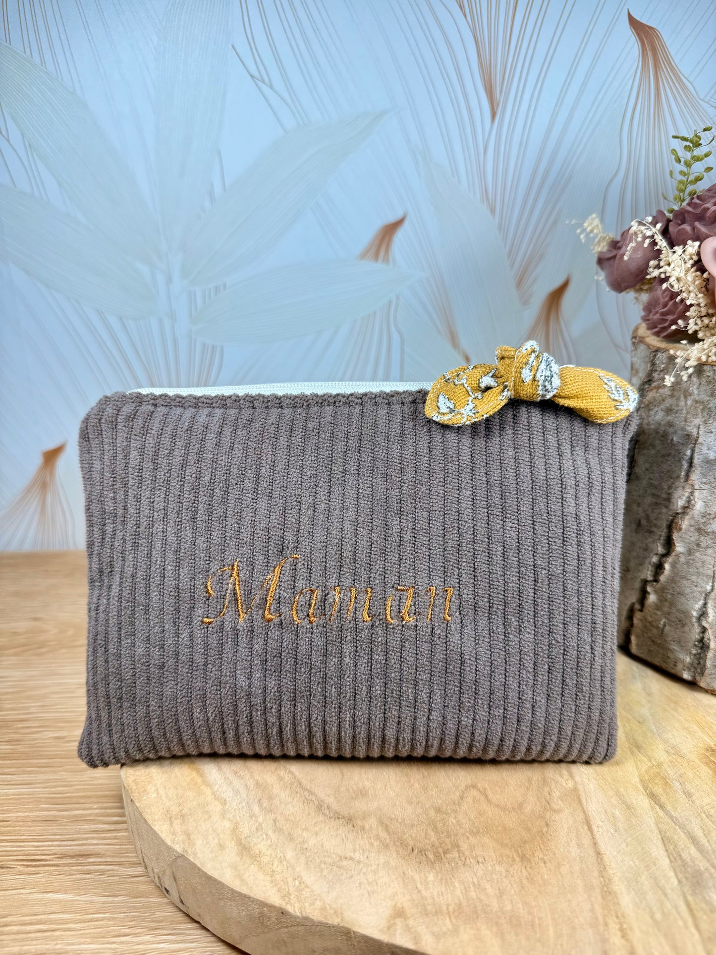 Câlins et Rêves petite pochette velours côtelé taupe jaune