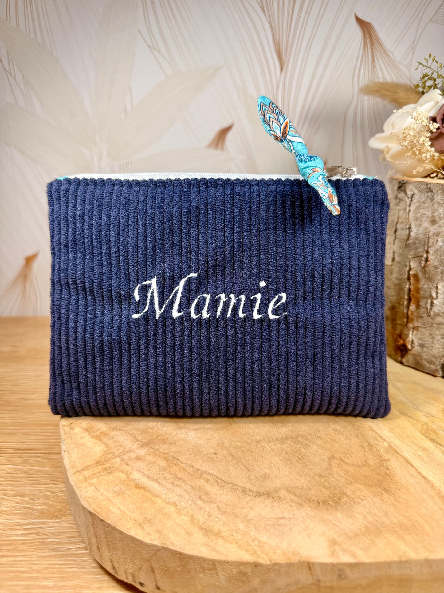 Câlins et Rêves petite pochette velours côtelés bleu arabesque turquoise