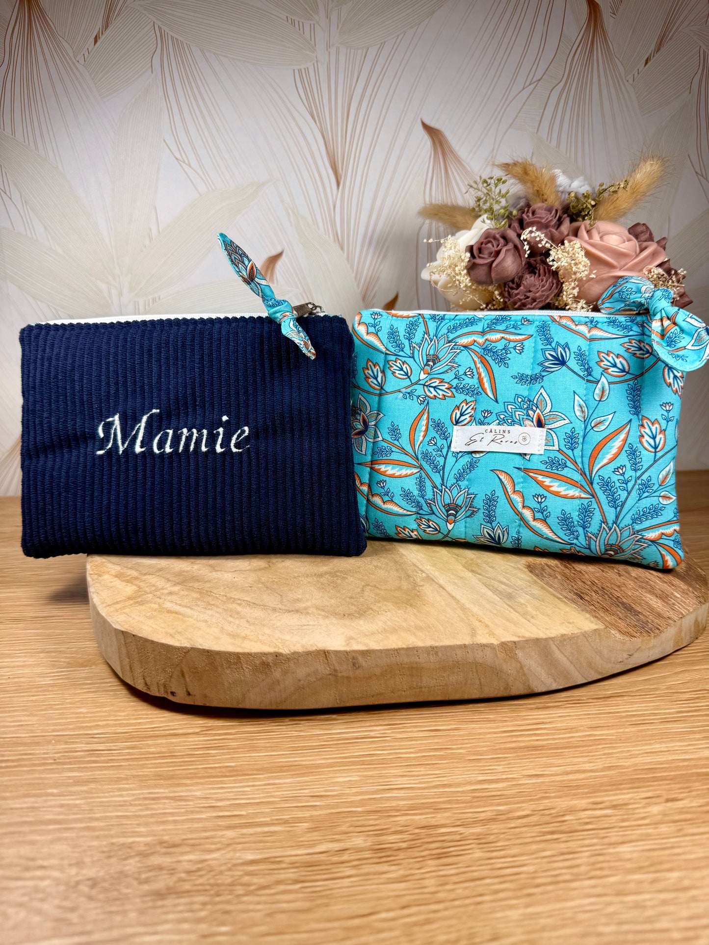 Câlins et Rêves petite pochette velours côtelés bleu arabesque turquoise