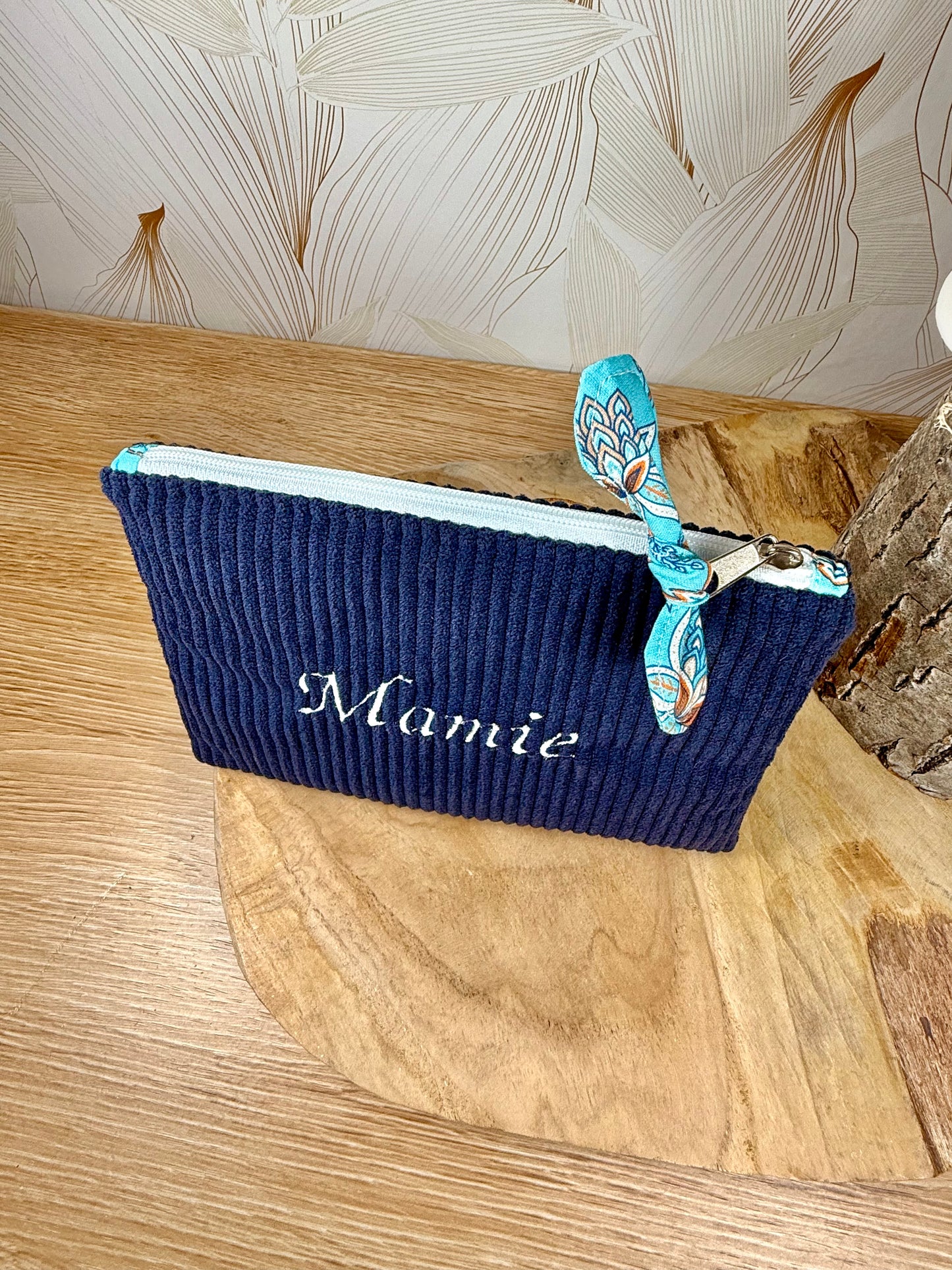 Câlins et Rêves petite pochette velours côtelés bleu arabesque turquoise
