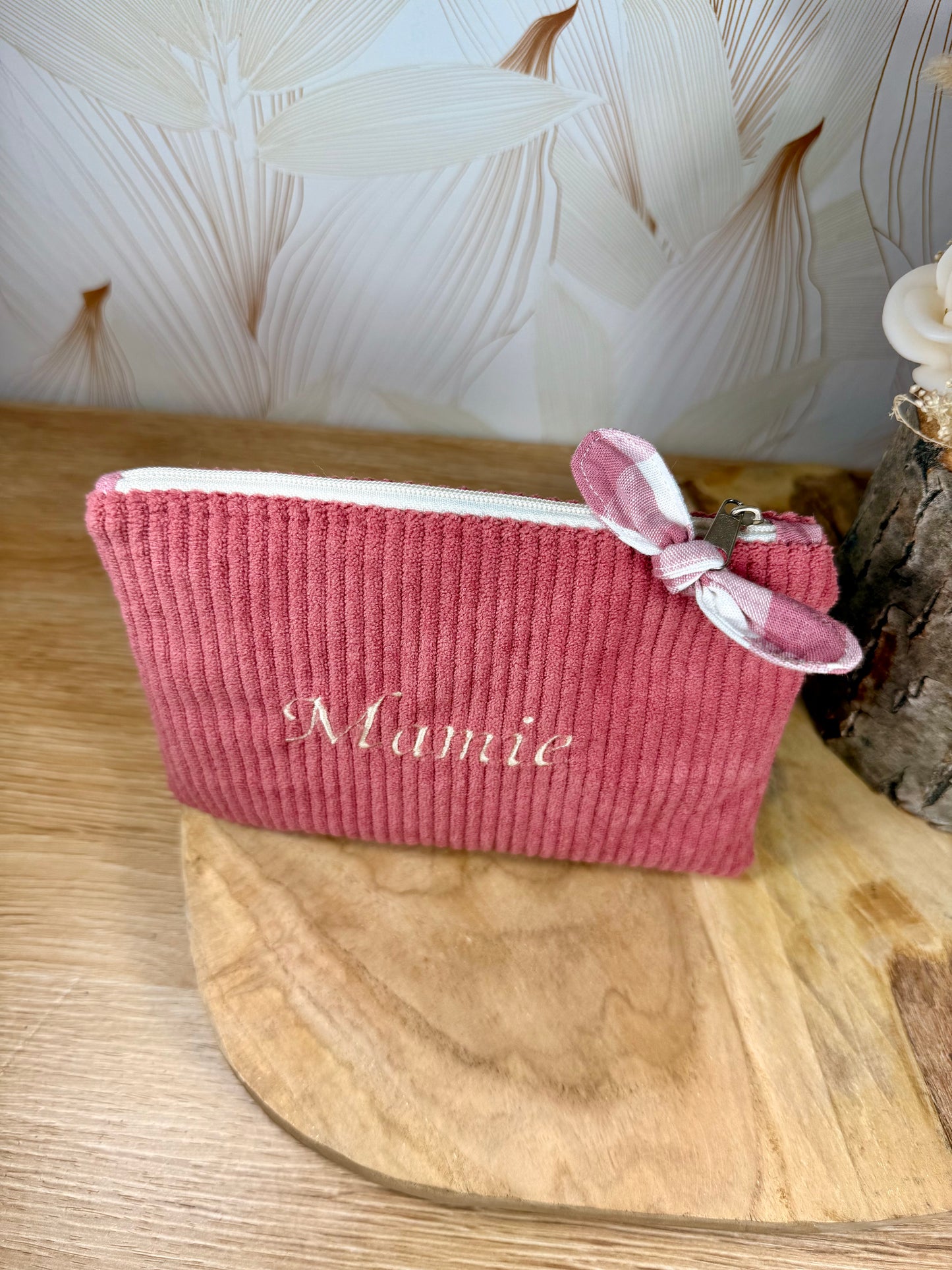 Câlins et Rêves petite pochette velours côtelés vieux rose vichy rose