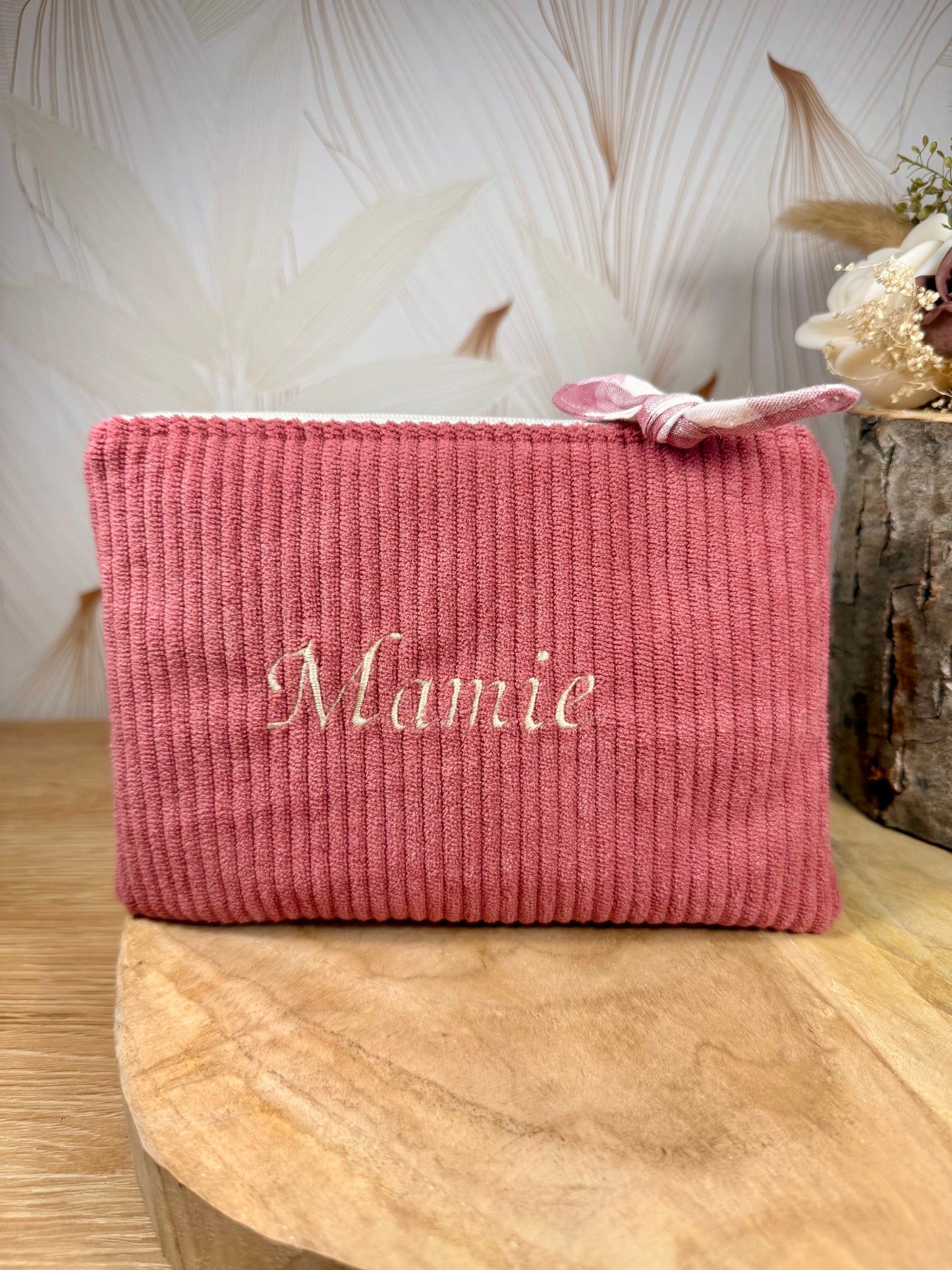 Câlins et Rêves petite pochette velours côtelés vieux rose vichy rose