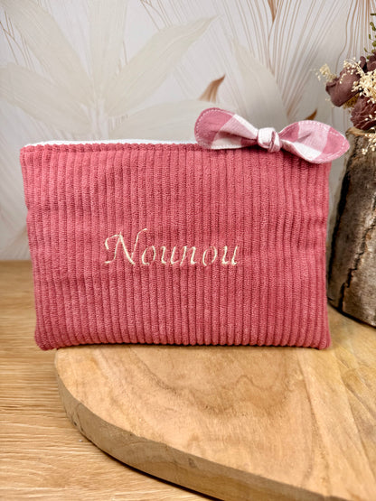 Câlins et Rêves petite pochette velours côtelés vieux rose vichy rose