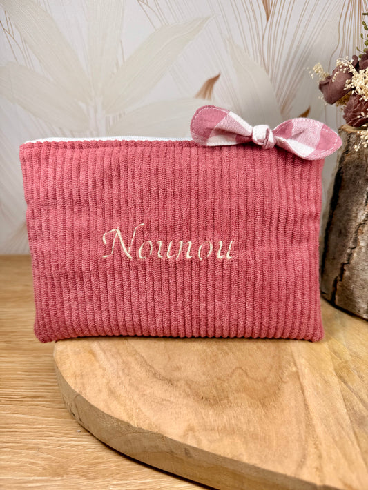 Câlins et Rêves petite pochette velours côtelés vieux rose vichy rose