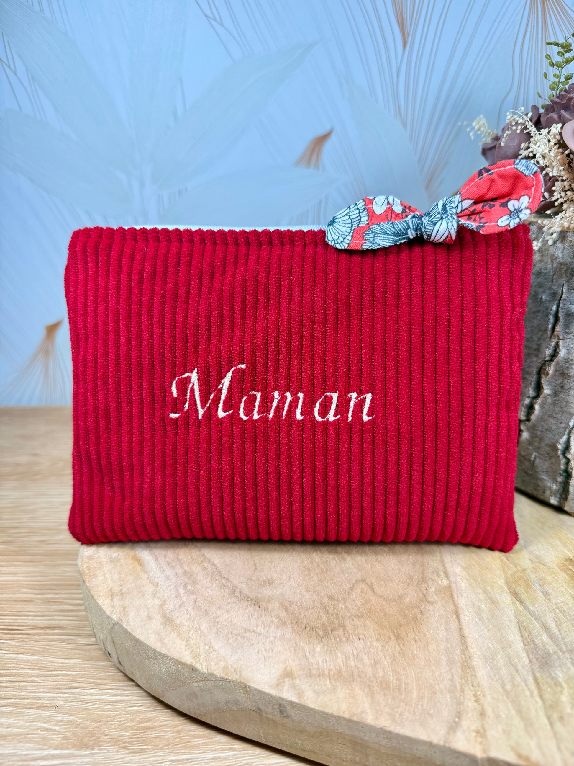 Câlins et Rêves petite pochette velours côtelé rouge corail fleur
