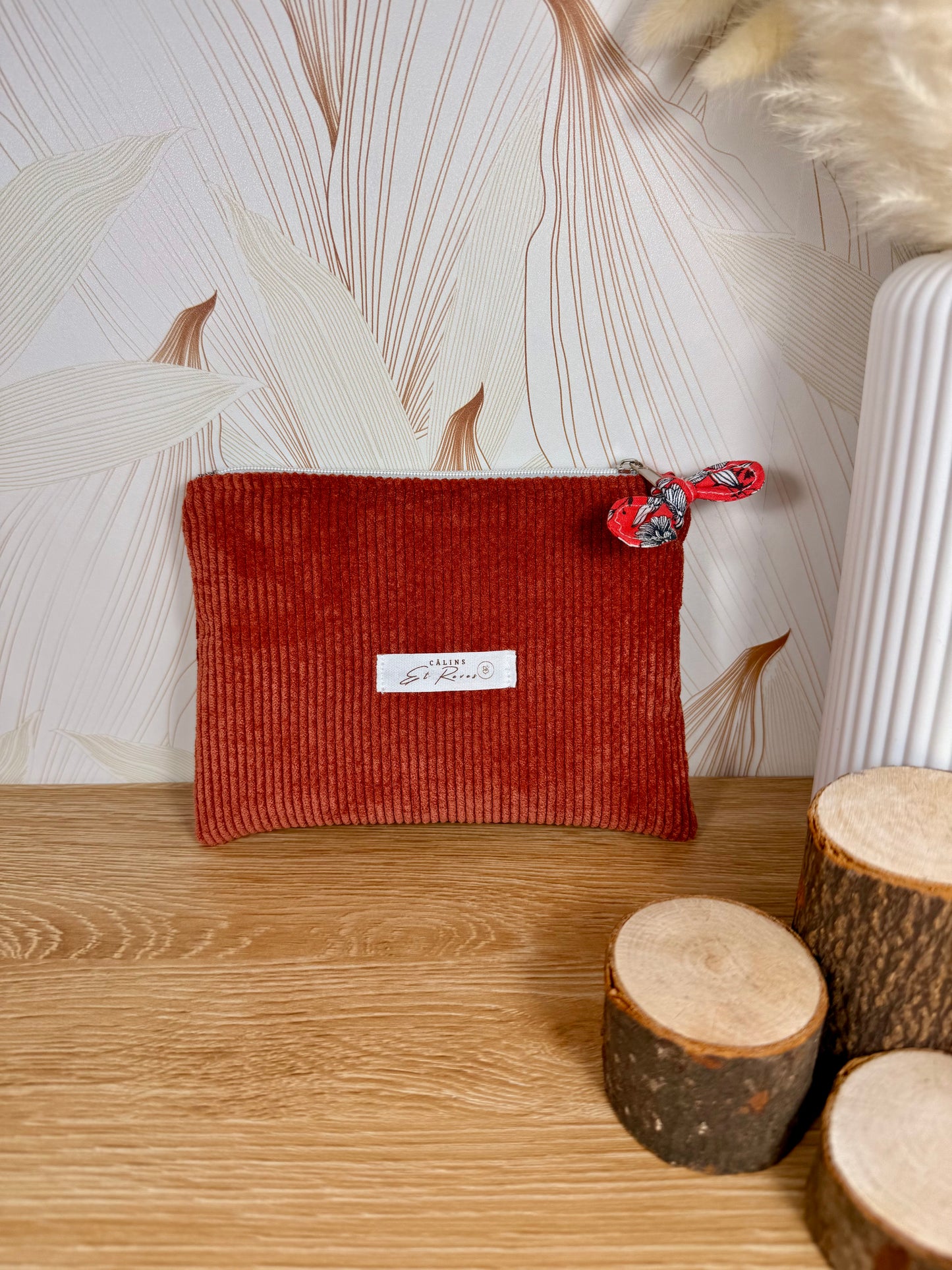 Calins et Reves petite pochette velours cotelé Rouille Corail