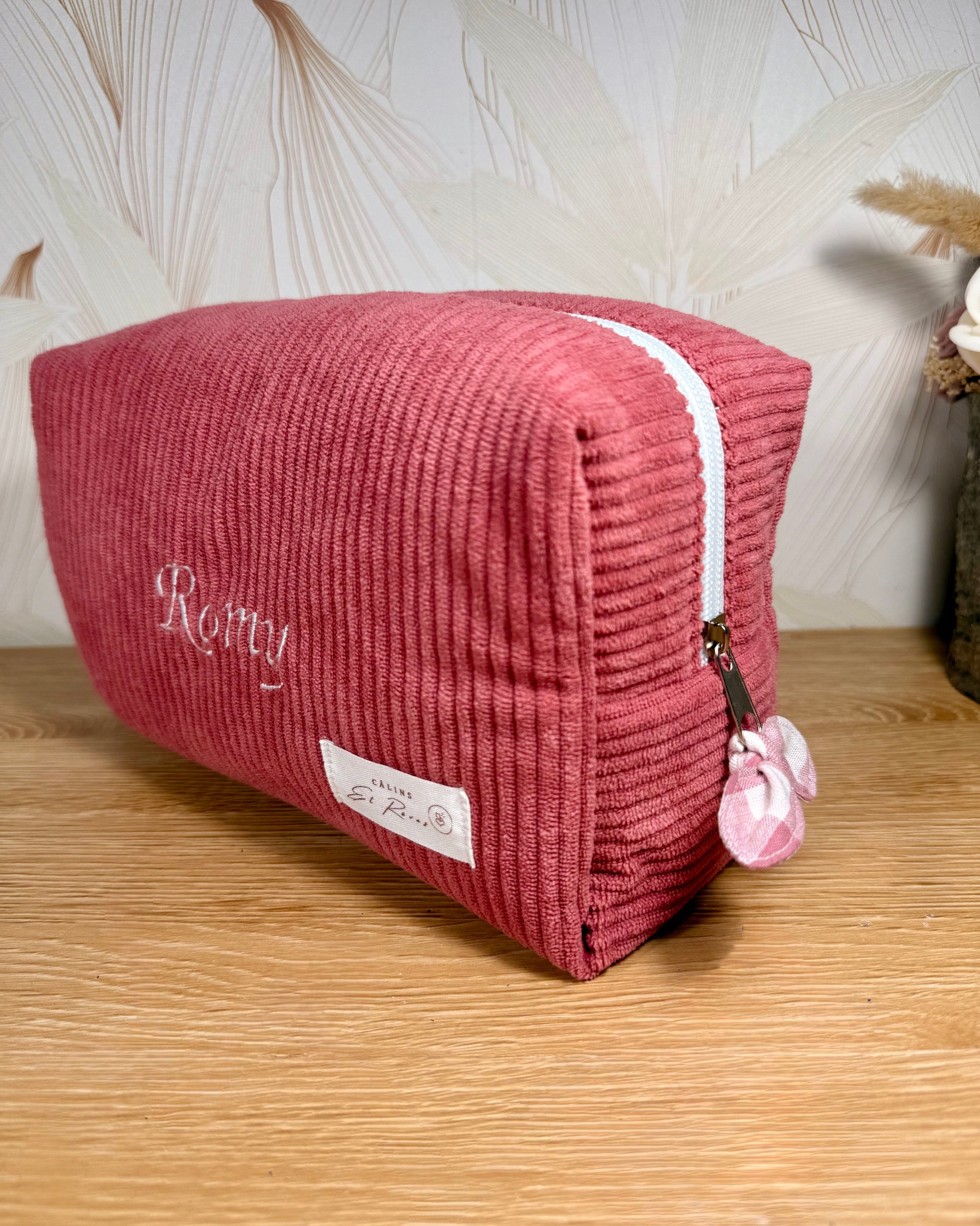 Calins et Reves Trousse de toilette personnalisée velours rose vichy rose