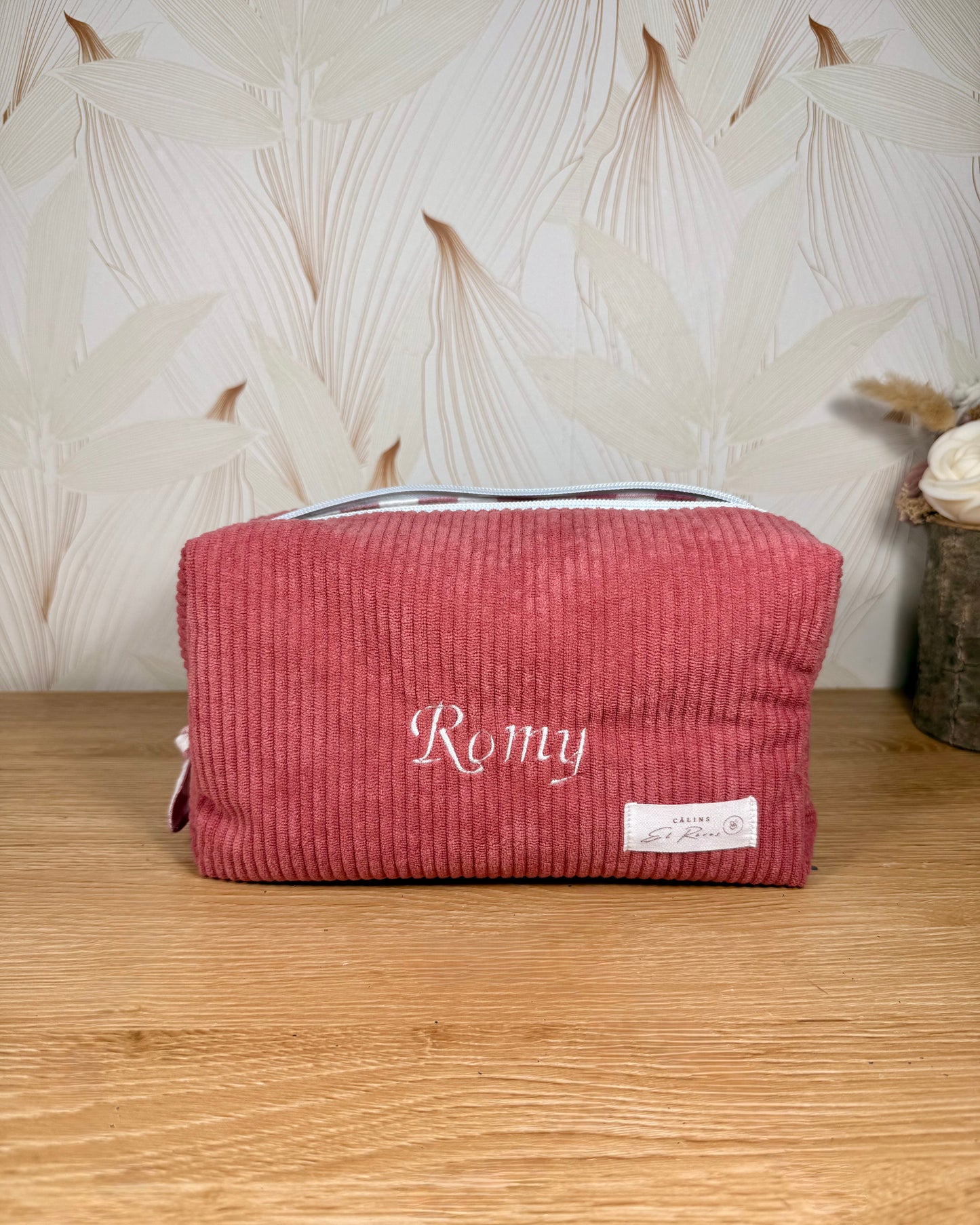 Calins et Reves Trousse de toilette personnalisée velours rose vichy rose