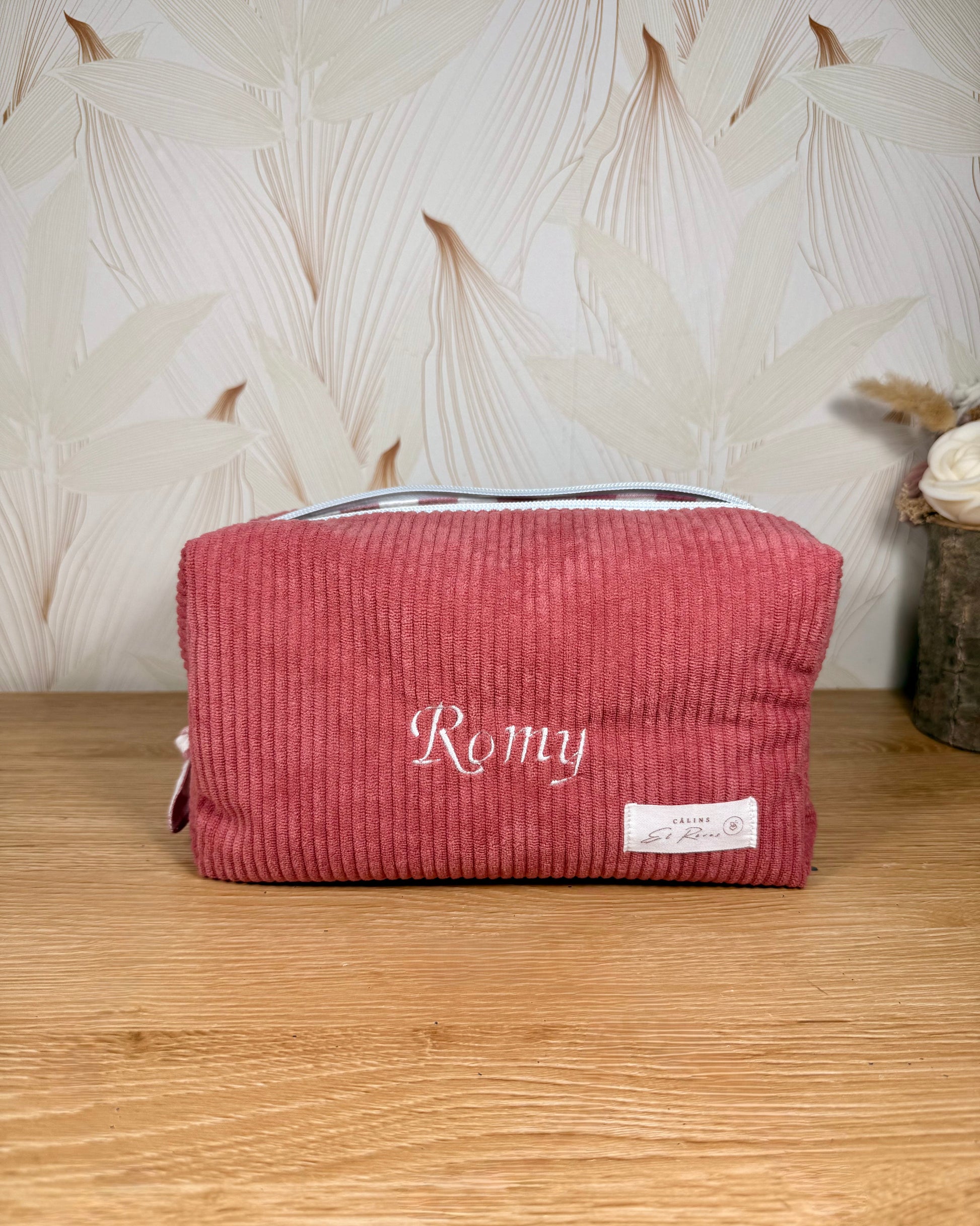 Calins et Reves Trousse de toilette personnalisée velours rose vichy rose