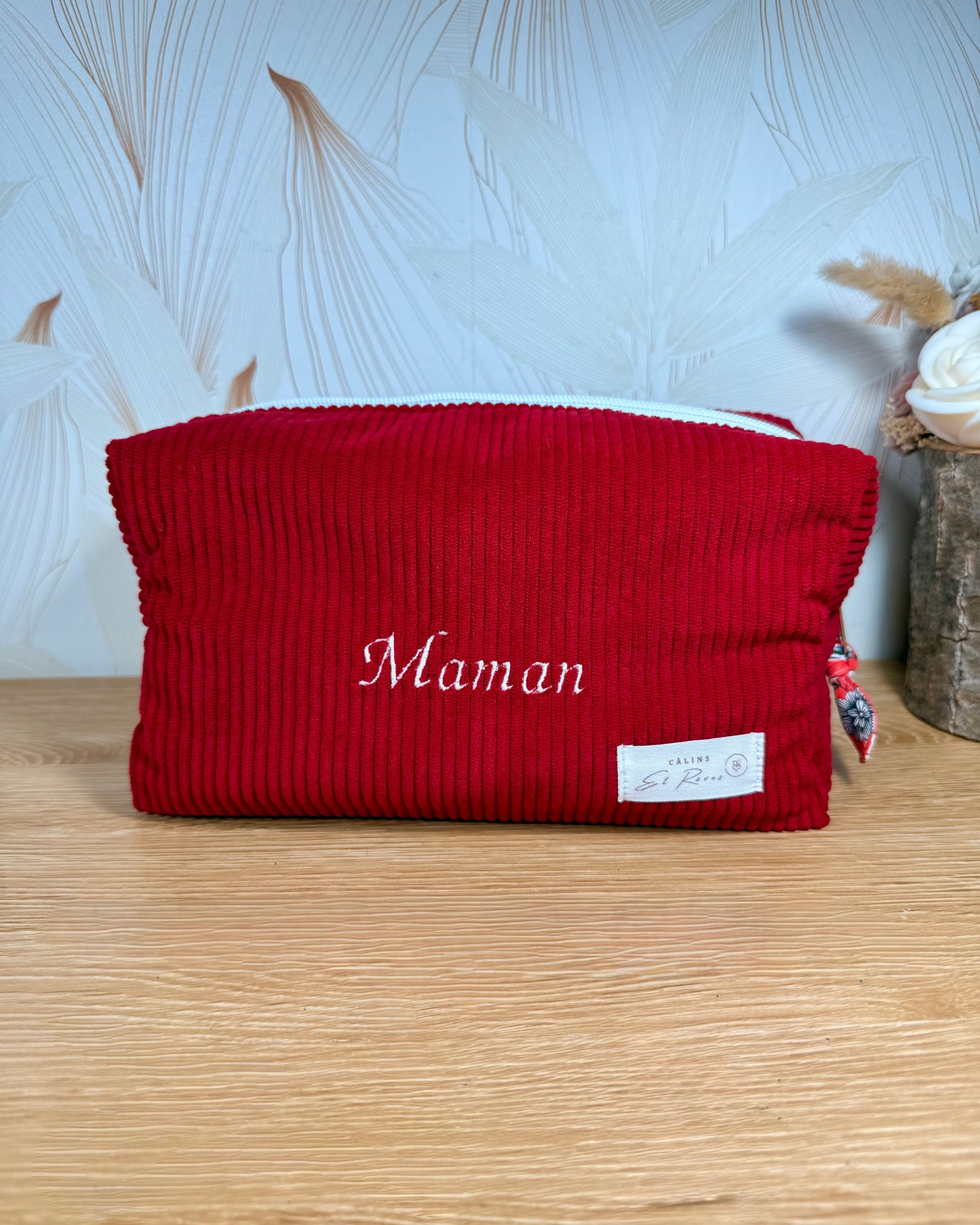 Calins et Reves Trousse de toilette personnalisée velours rouge corail